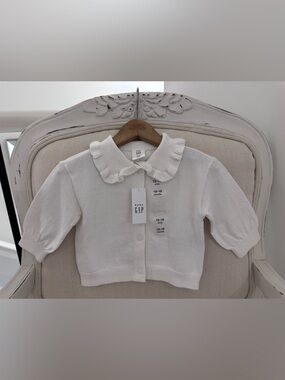 🤍 12~18 Mth GAP Ivory Ruffle Peter Pan Collar Baby Cardigan 100% Cotton NWT